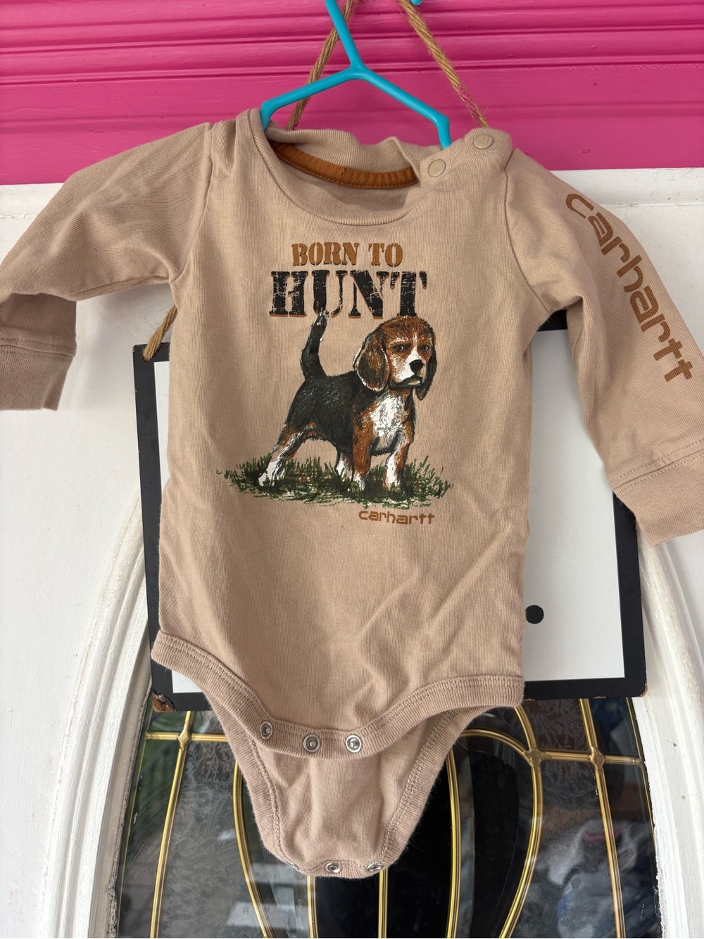 Carhartt Tan "Born to Hunt" Beagle Graphic One-Piece Bodysuit